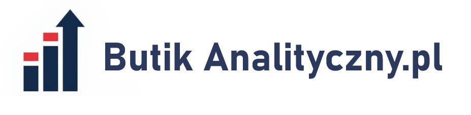 Logo Butik Analityczny.PL przedstawiające trzy granatowe słupki z czerwoną linią wzrostu i strzałką symbolizującą analizę oraz rozwój.